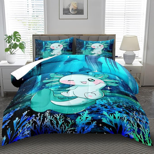 Cute Axolotl Comforter Set Kids Blue Axolotl Bedding Set Boys Girls Twin Size Kawaii Ocean Animal Print Comforter Boys Girls Ocean Sealife Room Decor Blue Fish Quilt Bedding