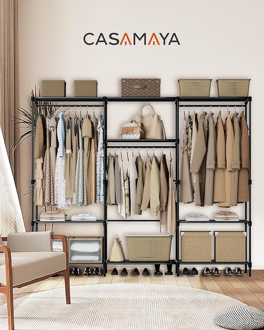 Clothes Rack, Portable Closet, 81.1 Inch Large Capacity Wardrobe Closet, Clothes Storage Organizer with Shelves and 3 Hanging Rods, Easy to Assembly, Black PCT033B01