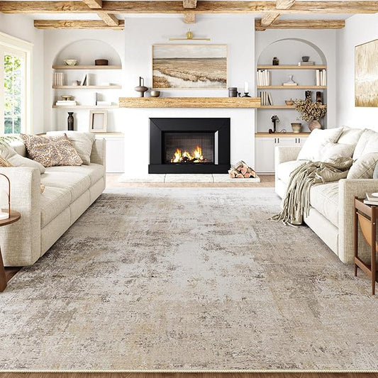 12x15 Area Rug Beige Grey Abstract Living Room Bedroom Washable Carpet Neutral Modern Non Slip Soft Low Pile Indoor Extra Large Throw Rug for Dining Room