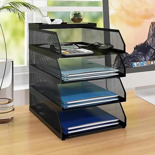 Natwind 4-Tier Desk Organizer,Stackable Paper Tray, Desk Accessories,Metal Mesh Desktop Organizer, Paper Sorter, Letter Trays,File Document Storage Rack for for Home, Office, School (Black)