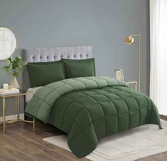 HIG 3pc Green Queen Size Comforter Set - All Season Reversible Down Alternative Bedding Comforter Set - Quilted Duvet Insert with Corner Tabs - Box Stitched Blanket - Breathable, Soft, Fluffy