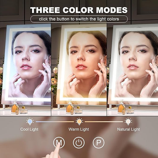 Hasipu Vanity Mirror with Lights, 13.8" x 10.6" LED Makeup Mirror, Light up Mirror with 10X Magnification, Smart Touch 3 Colors Dimmable, 360° Rotation (White)