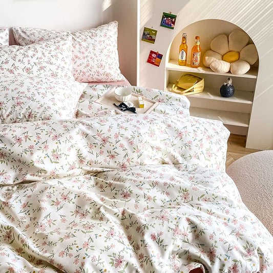 MKXI Garden Floral Comforter King Peach Blossom Pink White Floral Comforter Set for Girls Botanical Bedding Comforter Pink Flowers Print Comforter Vintage Farmhouse Bed Comforters, MKB02QianyK