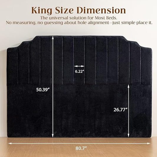 King Headboard Only - Black Velvet Upholstered Headboard for Bed, No Assembly Required, Pure Sponge Design, Place Between Bed & Wall, Vertical Stripe with Stepped Crown Top Edge