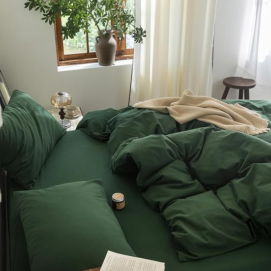 FOSSA Duvet Cover Set 100% Washed Cotton Linen Feel Super Soft Breathable Cozy 3 Pieces Bedding Sets Solid Forest Green King