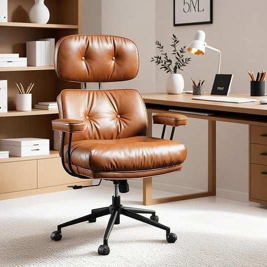ovios Ergonomic Office Chair, High Back Faux Leather Executive Chairs with Thick Cushion, Comfy High-Century Modern Swivel Rolling Computer Armchair (Brown, PU Leather)