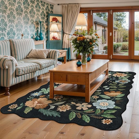 Lahome Floral Rugs for Living Room, 5x7 Area Rugs Ultra-Thin Soft Washable Rug, Non-Slip Bedroom Rug Stain Resistant Lightweight Boho Low-Pile Throw Carpet for Dining Room Office (5x7ft,Black/Grey)
