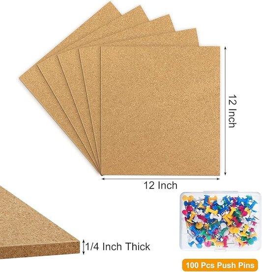 TUPARKA 4 Pack Cork Board 12"x12" - 1/4" Self-Adhesive Corkboards With 100 Push Pins, Bulletin Boards, Square Cork Tiles for Home, School, Office Decorative (4, 12"x12")