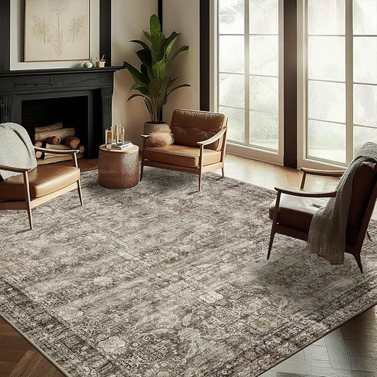 Washable Area Rug 9'x12' Retro Boho Design Non-Shedding Easy Care Ideal for High Traffic Areas in Living Room Bedroom Office Coffee Table Kitchen Large Carpet