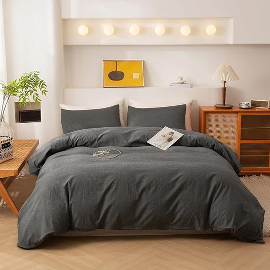 ECOCOTT 100% Washed Cotton Duvet Cover Super Queen Size – Soft & Breathable Linen Feel Bedding Set, 3 Pieces Grey Comforter Cover with Zipper Closure for All Seasons