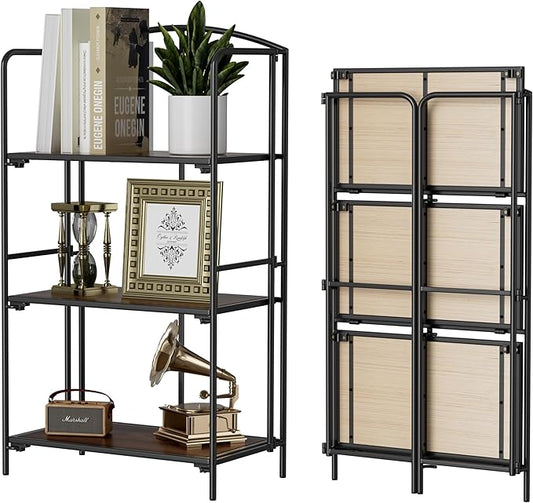 Crofy No Assembly Folding Bookshelf for Living Room, 3 Tier Black Collapsible Book Shelf for Home Office, Portable Bookcase Storage Organizer