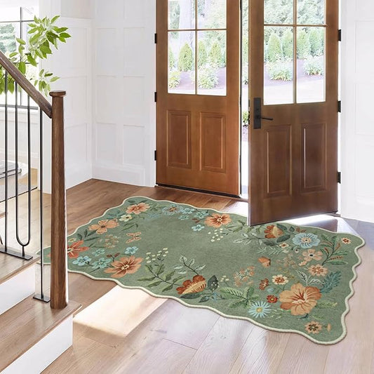 Lahome Floral Rugs for Entryway, 2x4 Washable Kitchen Rugs Ultra-Thin Soft Rug, Non Slip Indoor Door Mat Stain Resistant Boho Small Low-Pile Throw Carpet for Bathroom Bedroom(2x4ft,Green)