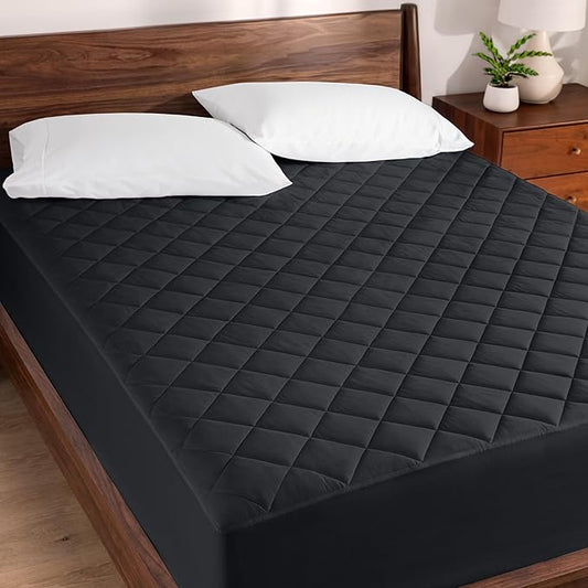 Bare Home King Quilted Fitted Mattress Pad - Cooling Mattress Cover - Easily Washable - Elastic Fitted Cover for Mattress - Stretch-to-Fit up to 15 Inches Deep (King, Black)