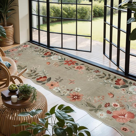 Lahome Floral Runners for Hallways, 2'6''x8' Kitchen Runner Rug Non Slip, Soft Washable Runner with Rubber Backing Carpet for Laundry Bedroom Bathroom(Brown)