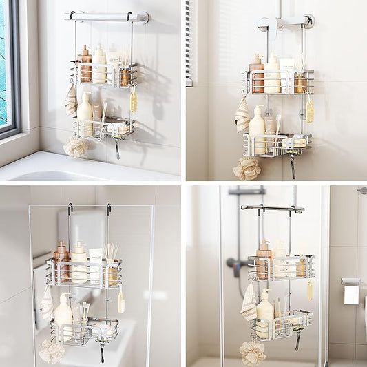 SWTYMIKI Shower Caddy Hanging Organizer - Over the Door Shower Caddy with Soap Holder, 11 Hooks, 2 Installation Ways, Stainless Steel Rustproof Bathroom Organizer, Silver