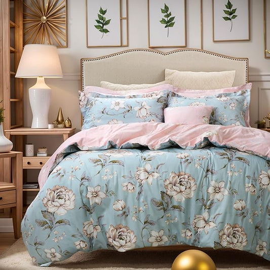 FADFAY Farmhouse Bedding Reversible Floral Duvet Cover Set Garden Style 100% Cotton Zipper Bedding Sets for Girls Natural Skin-Friendly Easy Care All-Season Use (3Pcs, Queen Size)