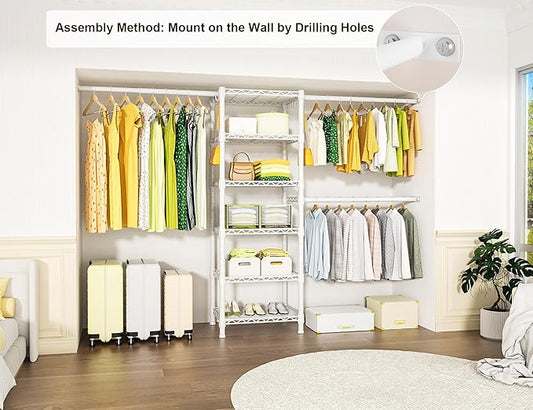 Ulif M5 Wall Mounted Clothes Garment Rack, Heavy Duty Closet Storage and Organizer with 6 Shelves and 3 Expandable Hanger Rods, Space Saver Suit (46.2-102.4)" W x 14" D x 83.1" H, White