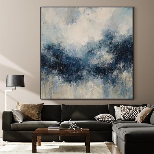 60"x60" XL Framed Wall Art - Blue Abstract Landscape Modern (Frame Assembly Required)