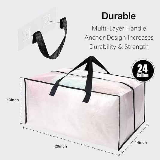 6 Pack Heavy Duty Large Moving Bags W/Backpack Straps - Strong Handles & Zippers, Storage Totes For Space Saving, Fold Flat, Alternative to Moving Box and Storage Bin, Semi-Transparent