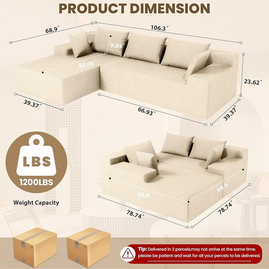 LEVELEVE 107" Cloud Sectional Couch with Deep Seat,Modern Modular Sofa with L-Shape Chaise,No Assembly Required, Upholstered Couches for Living Room Bedroom(Beige,Left Facing Chaise)