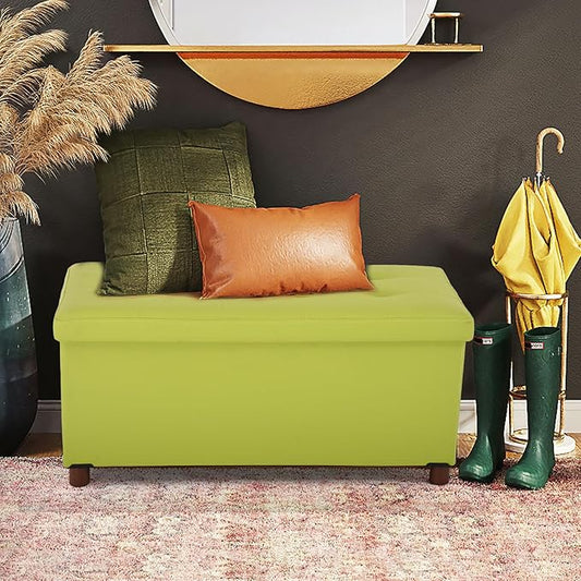 Storage Ottoman for Living Room Ottoman with Tray Bedroom Foot Rest Stool with Legs Small Ottomans Coffee Table Foldable Footstool Faxu Leather (Light Green)