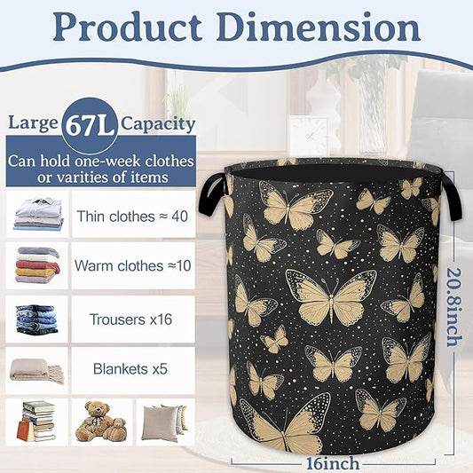 Golden Butterfly Laundry Basket,Foldable Waterproof Oxford Cloth Tote Bag Vintage Laundry Hamper with Handles,20.8"x16" Clothes Storage Bucket Organizer for Laundry Room, Bathroom, Bedroom