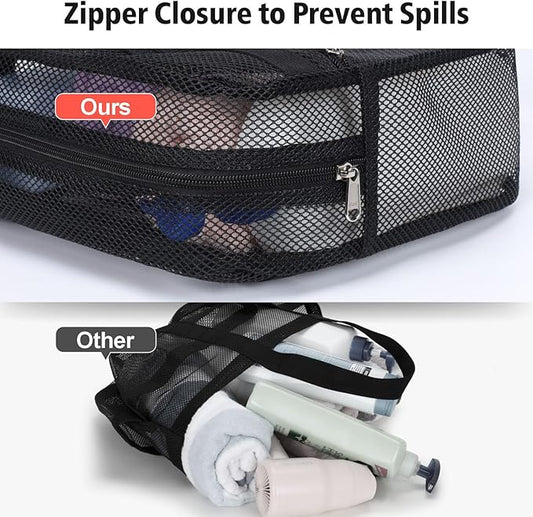 F-color Mesh Shower Caddy Portable with Zipper -Dorm Room Essentials for Guys Girls with S Hook, Shower Bag Basket Tote for College Camping Toiletry Bathroom, Black