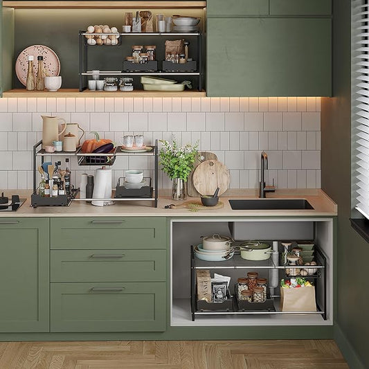 NETEL Under Sink Organizers and Storage,Kitchen Cabinet Organizer,2 Tier Under Sink Expandable Shelves,Bathroom Cabinet Organizer with Pull Out Drawers,(30.9-31.64)" W x 14.69" D x 15.83" H,Black