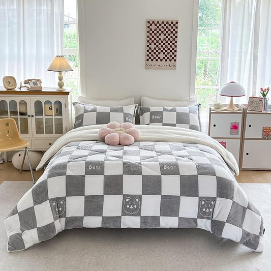 Fleece Comforter Set - 3 Piece King Size Thick Fluffy Comforters for Her Girls, Plush Cozy Warm,Soft Microfiber Bedding Bedroom Decor Winter (1 Comforter + 2 Pillow Shams)