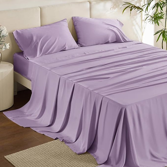 Bedsure King Size Sheets Set, Cooling Sheets for Hot Sleepers, Rayon Derived from Bamboo, Breathable & Soft, Deep Pocket Up to 16 Inches, Hotel Luxury Silky Bedding, Lilac