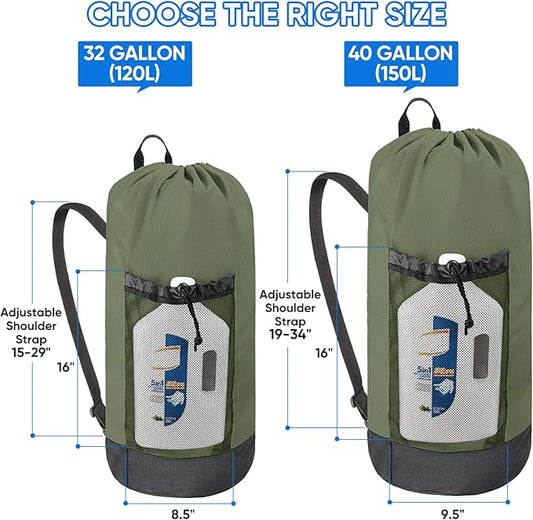 BALEINE 120L Laundry Bag Backpack, 900D Oxford Fabric Large Travel Laundry Bags with Shoulder Straps and 2 Mesh Pockets for College Dorm, Apartment, Laundromat (Green, 120L)