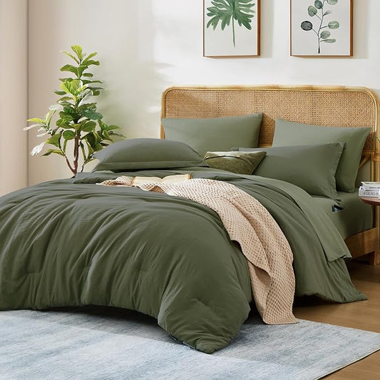 WRENSONGE Full Size Comforter Sets, 7 Pieces Olive Green Bed in a Bag with Fitted Sheet, Flat Sheet, 2 Pillow Shams, 2 Pillowcases, Warm Bedding Sets for All Season