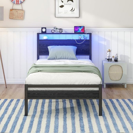 HOJINLINERO Twin Bed Frames with LED Light and Charging Station, Wood Storage Headboard with 2-Tier Shelves, Metal Platform Bed with Heavy Duty Slats Support, No Box Spring Needed, Black