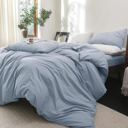 FOSSA Duvet Cover Set 100% Washed Cotton Linen Feel Super Soft Breathable Cozy 3 Pieces Bedding Sets Solid Cornflower Blue Oversized King Plus
