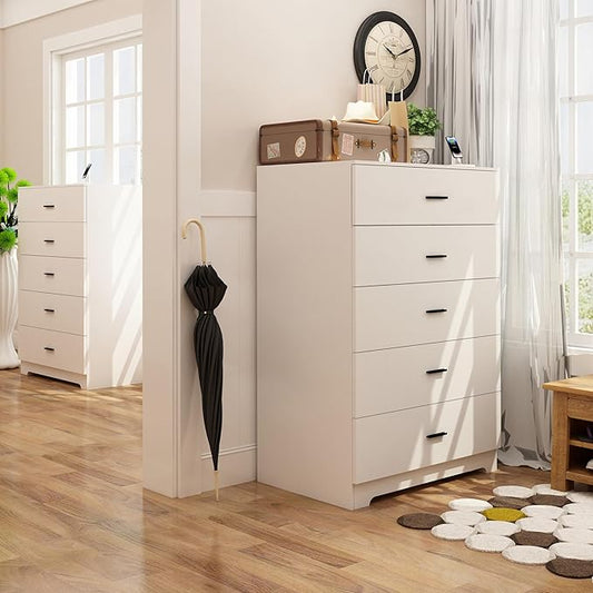 Dresser for Bedroom with Power Outlets Wood 5 Drawer Dresser with Large Storage Space White Chest of Drawers with Smooth Metal Rail Tall Storage Organizer for Bedroom Living Room Closet