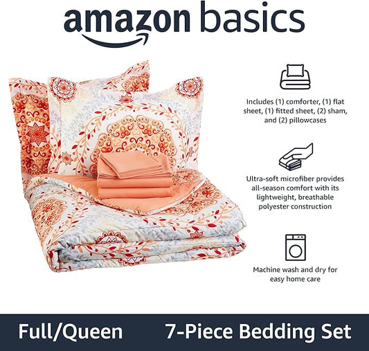 Amazon Basics Full/Queen Comforter Set with Sheets, 7-Piece Coral Medallion Bedding, Lightweight Microfiber Bed-in-a-Bag
