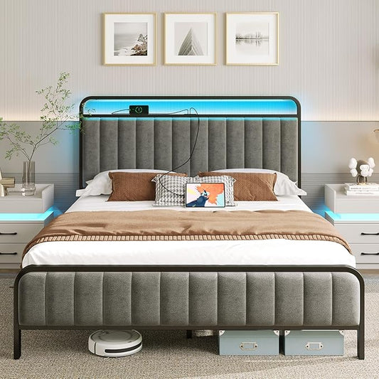 Rolanstar Queen Size Bed Frame with LED Light and Charging Station, Upholstered Headboard and Footboard, Metal Slat, Noise Free, Easy Assembly, Dark Gray