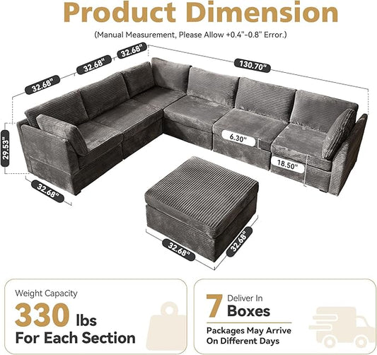 Large 7 Seat Modular Sectional Sofa with Ottoman Seat Corduroy Sleeper Sectional Sofa Bed Oversized Convertible Modular Couch for Living Room