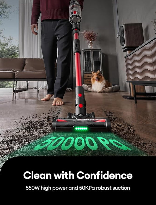 Ultenic Cordless Vacuum Cleaner, 550W/50Kpa, 60Mins Runtime, Stick Vacuum Cordless with 180°Bendable Wand, Anti-Tangle Brush, Vacuum Cleaners for Home/Pet Hair/Carpet/Floor (Red)
