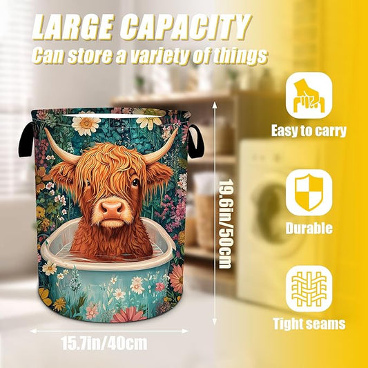 Highland Cow Laundry Basket,Foldable Oxford Cloth Funny Tote Bag Laundry Hamper Clothes Storage Bucket Toy Organizer For Bathroom Laundry Storage Bedroom 18.9x16.5