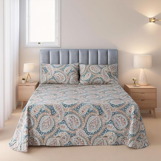 FADFAY Luxury Paisley Sheets Set Full Classy Blue and Gold Floral Farmhouse Bedding Elegent Blue Paisley Bedding Set 100% Cotton Super Soft Hypoallergenic Deep Pocket Fitted Sheet 4-Pieces, Full Size