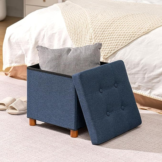 B FSOBEIIALEO Storage Ottoman with Tray, Foot Stools and Ottomans with Legs, Storage Cube Seat Linen Blue 15"