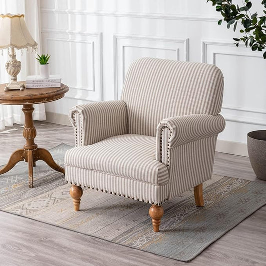 chairus Linen Accent Chair for Living Room Upholstered Mid Century Modern Single Sofa Chair with Solid Wood Legs Comfy Reading Chair Armchair for Bedroom/Office Room/Recption/Lounge, Khaki Stripe