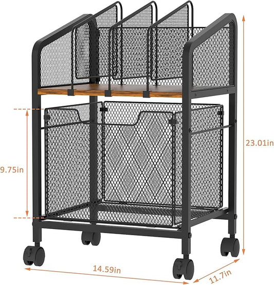 Rolling File Cabinet with Adjustable Dividers, Vertical Filing Cabinet with Storage Drawer on Lockable Wheels, Hanging File Organizer Beside Under Desk for Office, Home(Patent Pending)