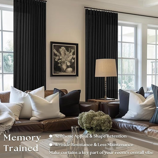 Black Linen Curtains 102 Inches Long 2 Panels for Living Room Modern Thick Linen Flax Pinch Pleated Memory Trained Light Filtering Ceiling Semi Sheer 102 Inch Curtain with Hook Rings Back Tab