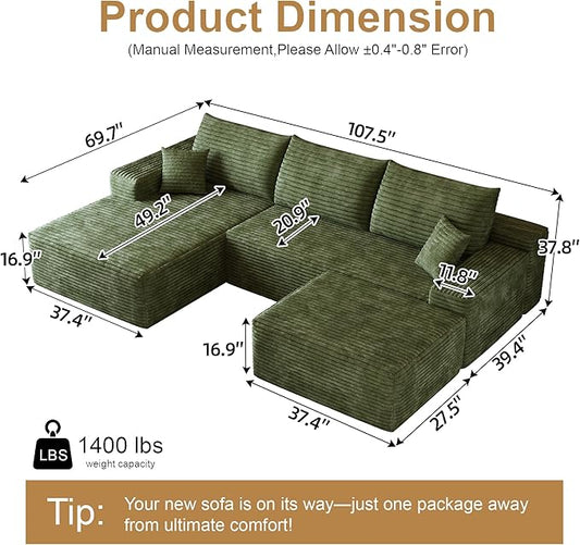 108" Sectional Couches for Living Room Modern Modular Sofa with L-Shape Couchs Upholstered Boneless Couch Deep Seat Sectional Couch with Chaise (Green, Left Facing Chaise+2Seaters+1Ottoman)