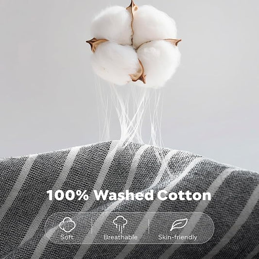 JELLYMONI Cotton Duvet Cover Queen Size - Black Vertical Pinstriped Comforter Cover with Button 100% Washed Cotton 3PCS Breathable Soft Solid Bedding Set Duvet Cover 90×90in & 2 Pillowcases