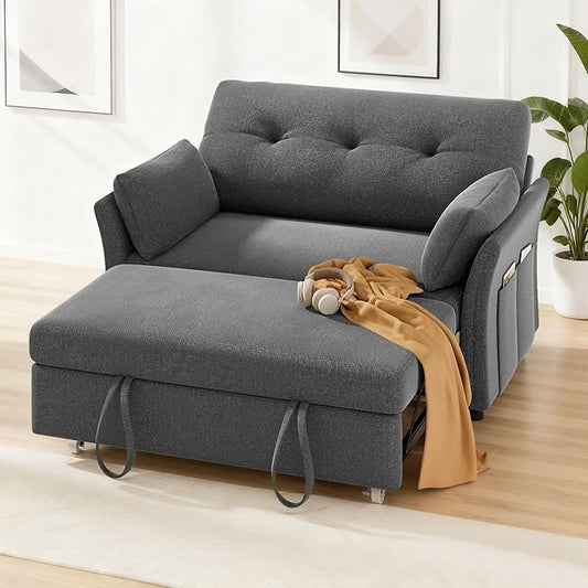 Vipbear Sleeper Sofa with Pull-Out Bed, 3-in-1 Convertible Sofa Bed, Loveseat with Reclining Backrest and Side Pocket for Living Room, Apartment, Tool-Free Assembly, Dark Grey