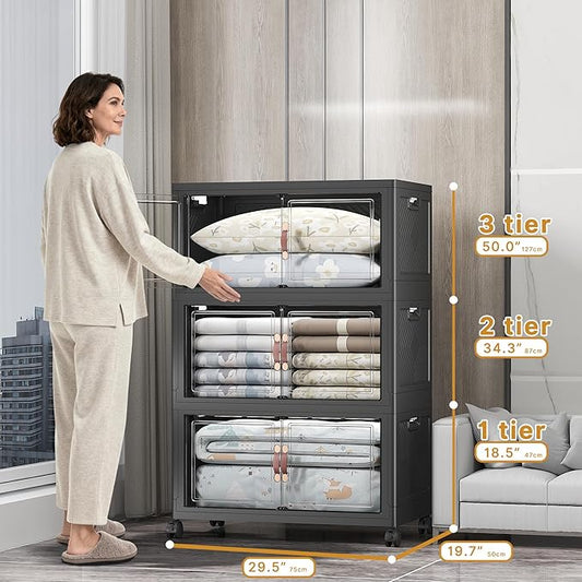 Extra Large Stackable Storage Bins with Lids & Wheels & Door, 960QT-160QT/40GAL*6Pack Foldable Collapsible Closet Organizers, Plastic containers Drawers for Bedroom Dorm