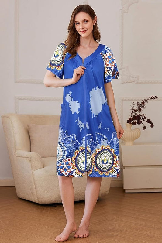 Ekouaer Women Robe Zipper Front Mumu Duster Robes Zip Up Housecoat Soft Sleepwear with Pockets